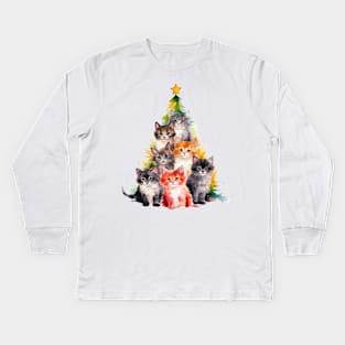 Cat Christmas Tree Kids Long Sleeve T-Shirt